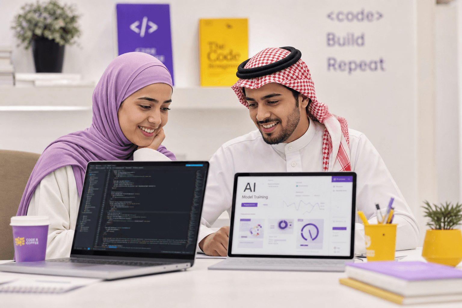ست محجبة وشاب سعودي بالثوب بيتعلموا الـ AI والبرمجة على اللابتوب